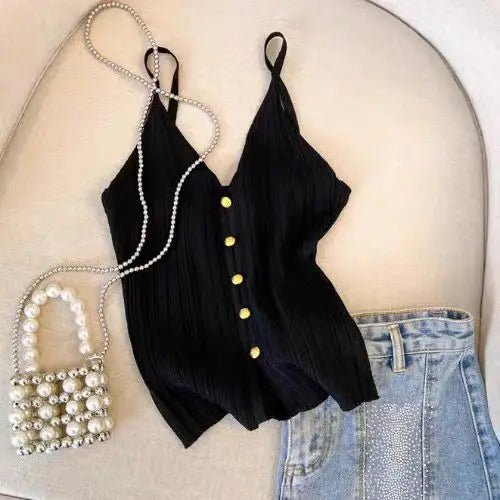 French V - neck Single - breasted Knitted Halter Top Women's Summer Sleeveless Comfortable tank - Zeprah