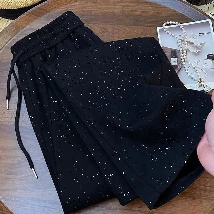 Full of Stars Hot Drill Ice Silk Wide Leg Pants Women Summer High - waisted Straight Leg Casual Wholesale Sweatpants - Zeprah