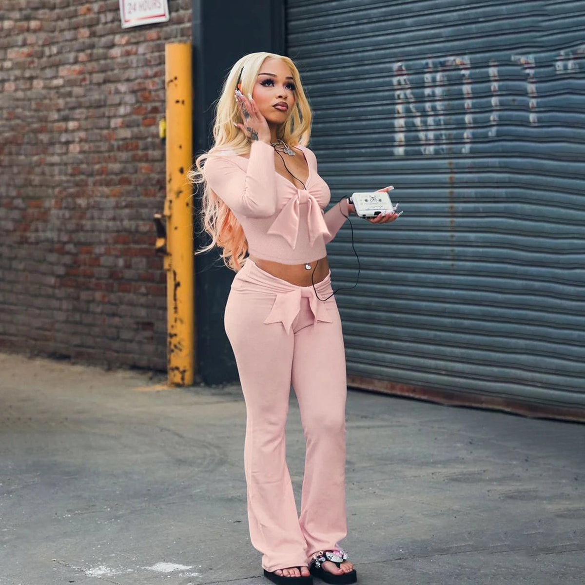 Girls 2 Piece Set Sweet Bow Trim Casual High Stretch V Neck Long Sleeve Top and Skinny Knitting Soft Pants - Zeprah