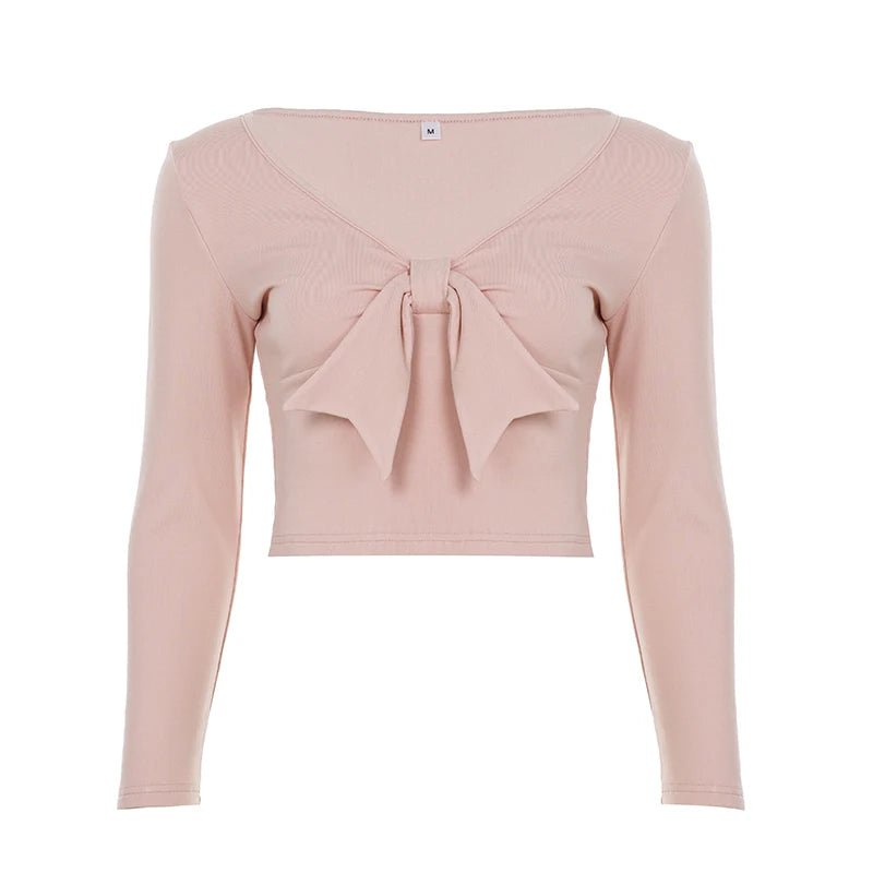Girls Autumn 2 - Piece Set Sweet Bow Trim Casual High Stretch V - Neck Long Sleeve Top Skinny Knit Soft Pants Breathable - Zeprah