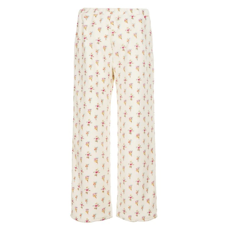 Girls' Colorful Floral Print Plush Pants Winter Cute Cozy Elastic Waist Flat Loose Fit Warm Straight Leg Trousers - Zeprah