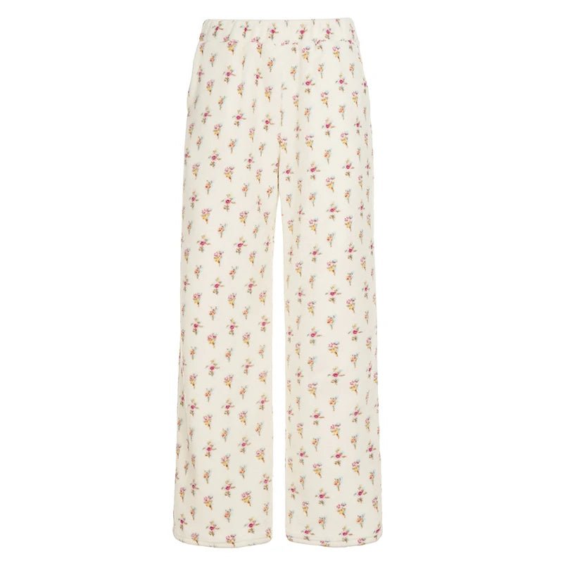 Girls' Colorful Floral Print Plush Pants Winter Cute Cozy Elastic Waist Flat Loose Fit Warm Straight Leg Trousers - Zeprah