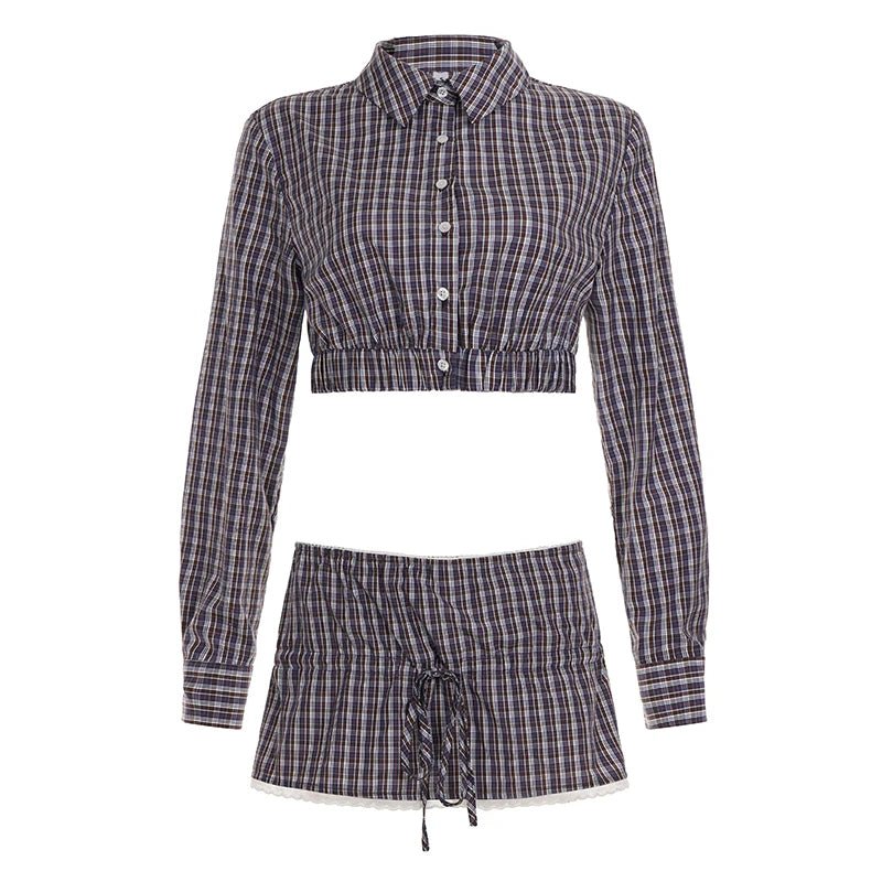 Girls' Plaid Print Vacation 2 - Piece Set Short Sleeve Button Down Shirt with Low Waist Skirt - Zeprah