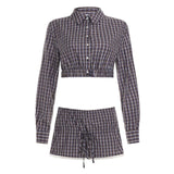Girls' Plaid Print Vacation 2 - Piece Set Short Sleeve Button Down Shirt with Low Waist Skirt - Zeprah