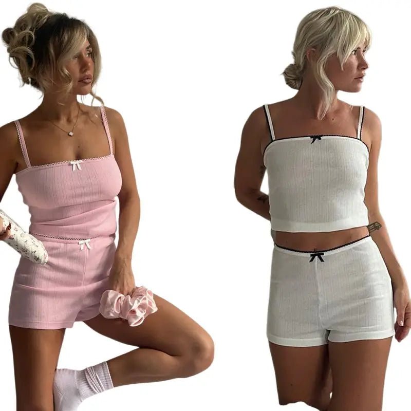 Girls Summer Casual Two - Piece Set Sleeveless Crop Top & High - Waisted Floral Embroidery Knitting Shorts Above Knee Loungewear - Zeprah