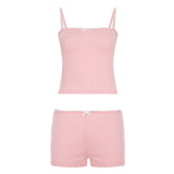 Girls Summer Casual Two - Piece Set Sleeveless Crop Top & High - Waisted Floral Embroidery Knitting Shorts Above Knee Loungewear - Zeprah