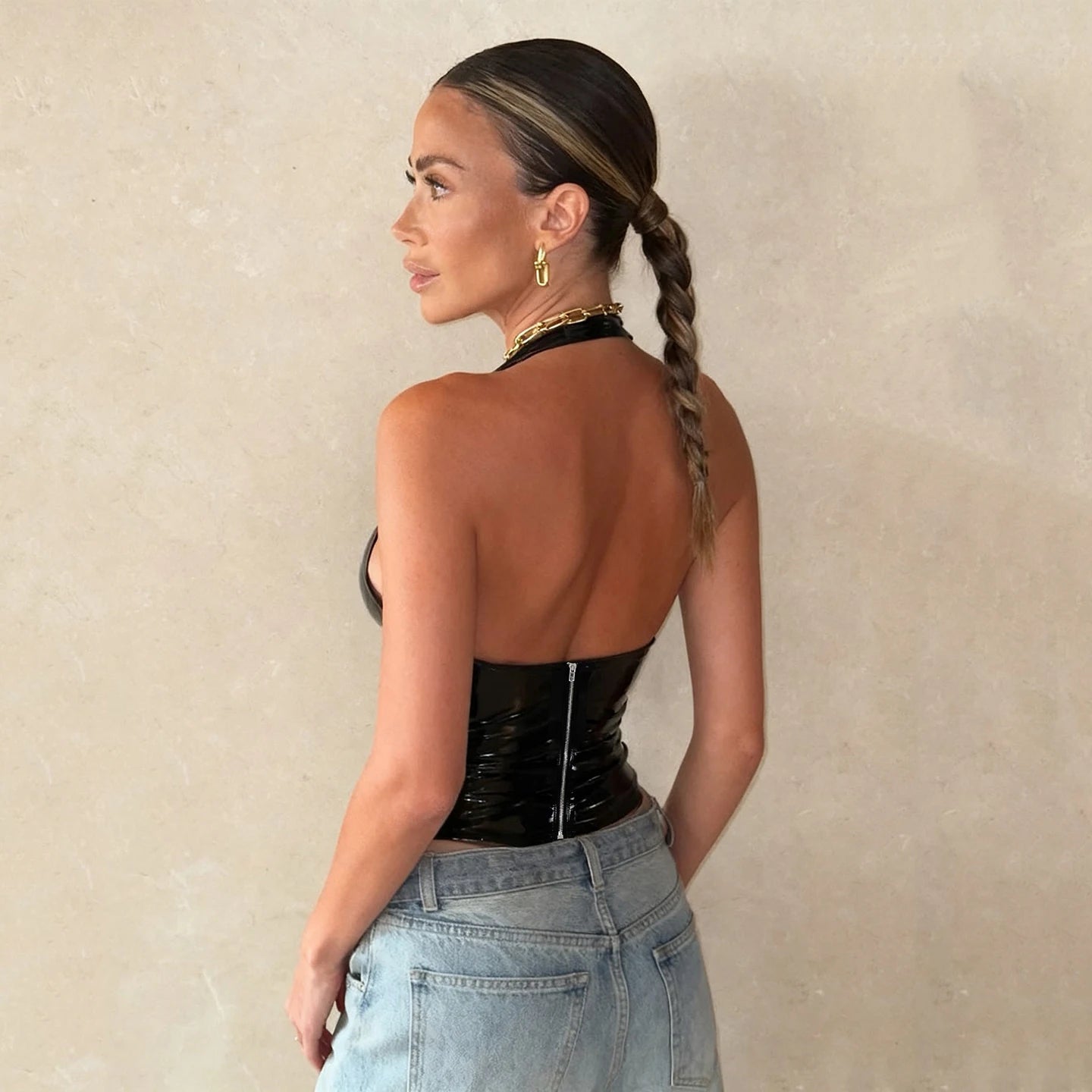 Gothic Breathable Patchwork Short Leather Corset Vest V - Neck Backless Halter Tank Top Sexy Sleeveless Clubwear - Zeprah