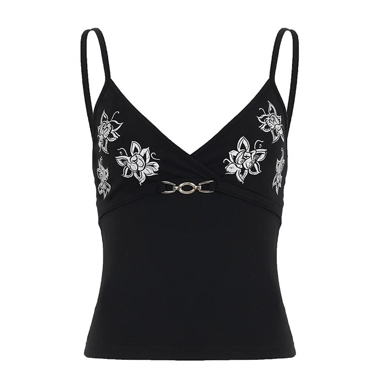 Gothic CAMIS Women Eco - Friendly Breathable Knitted Retro Floral Print Sleeveless Crop Top with Bold Metal Center Detail - Zeprah