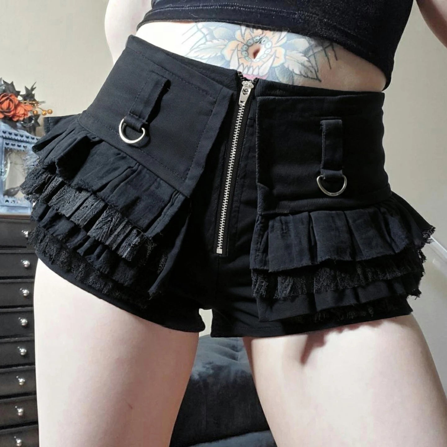 Gothic Eco - Friendly 100% Polyester Canvas Cargo Balletcore Low Rise Shorts Asymmetrical Ruffle Lace Front Zip Dark Wash - Zeprah