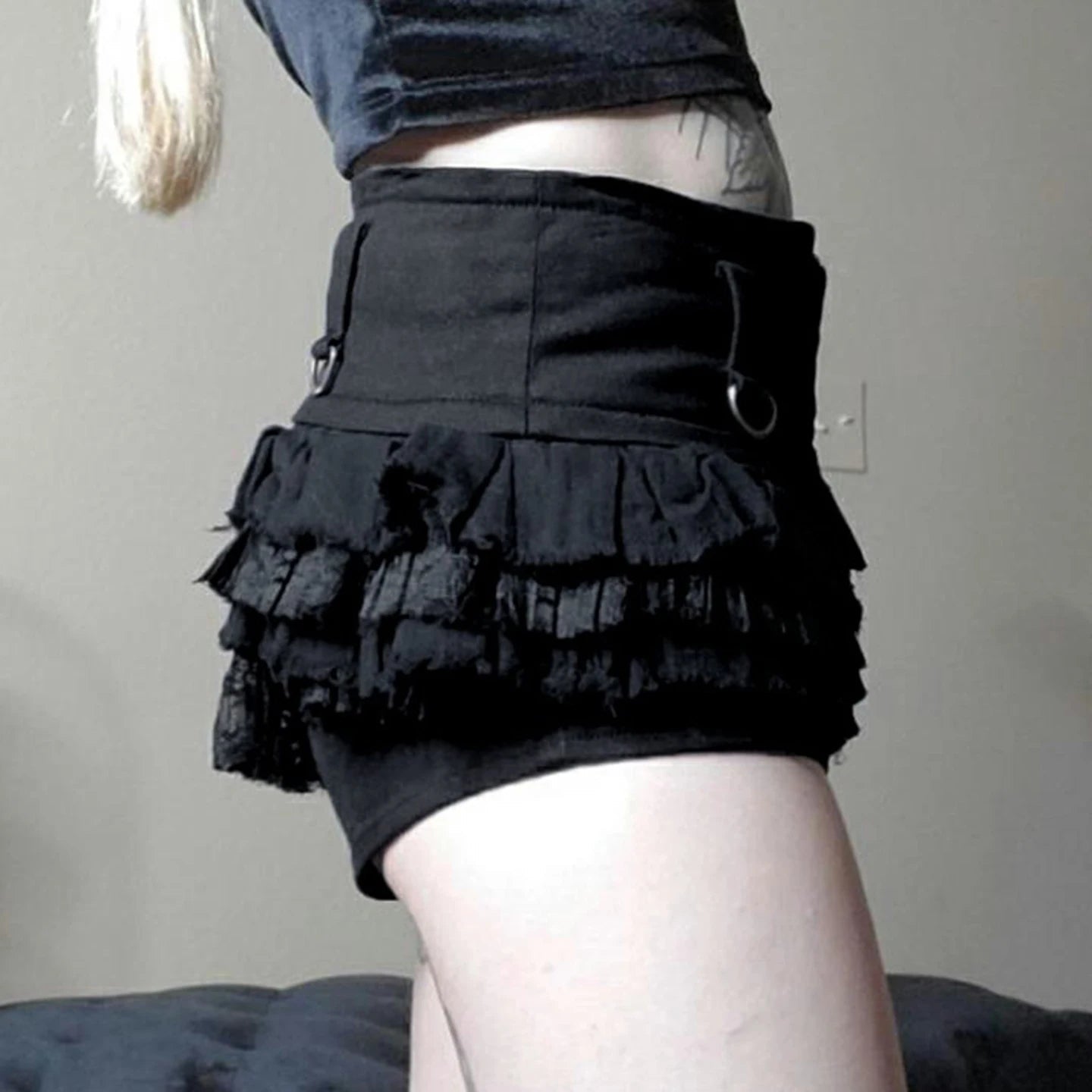 Gothic Eco - Friendly 100% Polyester Canvas Cargo Balletcore Low Rise Shorts Asymmetrical Ruffle Lace Front Zip Dark Wash - Zeprah