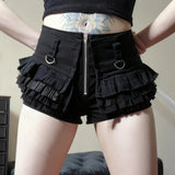 Gothic Eco - Friendly 100% Polyester Canvas Cargo Balletcore Low Rise Shorts Asymmetrical Ruffle Lace Front Zip Dark Wash - Zeprah