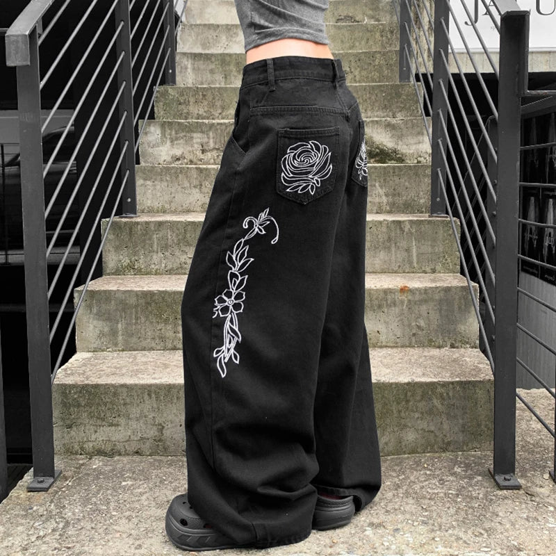 Gothic Loose Baggy Denim Jeans with Contrast Print Low Rise Wide Leg Breathable Button & Zippers Eco - Friendly Factory Direct - Zeprah