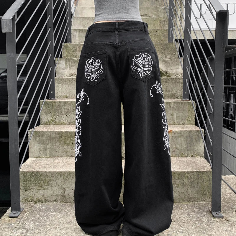 Gothic Loose Baggy Denim Jeans with Contrast Print Low Rise Wide Leg Breathable Button & Zippers Eco - Friendly Factory Direct - Zeprah