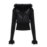 Gothic Velvet Zip - Up Hoodie New Winter Casual Breathable Eco - Friendly with Crystal and Furry Trim Halloween Style - Zeprah
