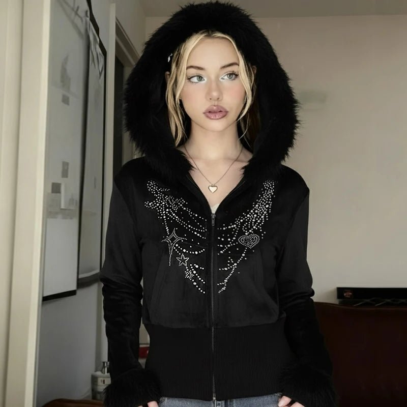 Gothic Velvet Zip - Up Hoodie New Winter Casual Breathable Eco - Friendly with Crystal and Furry Trim Halloween Style - Zeprah