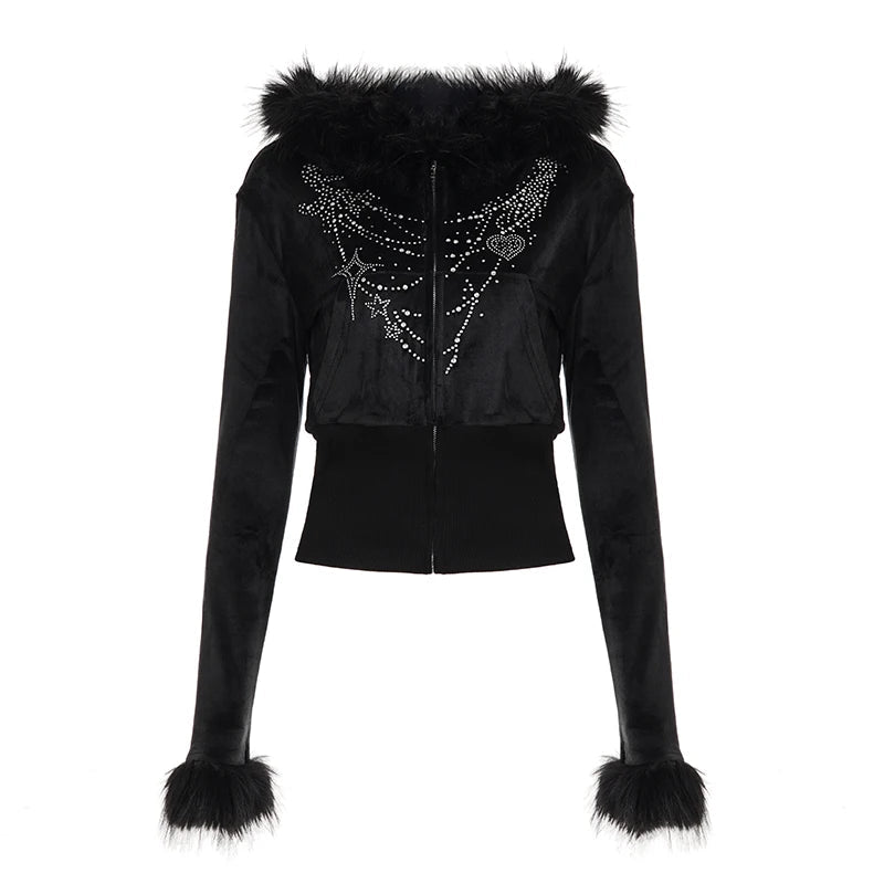 Gothic Velvet Zip - Up Hoodie New Winter Casual Breathable Eco - Friendly with Crystal and Furry Trim Halloween Style - Zeprah