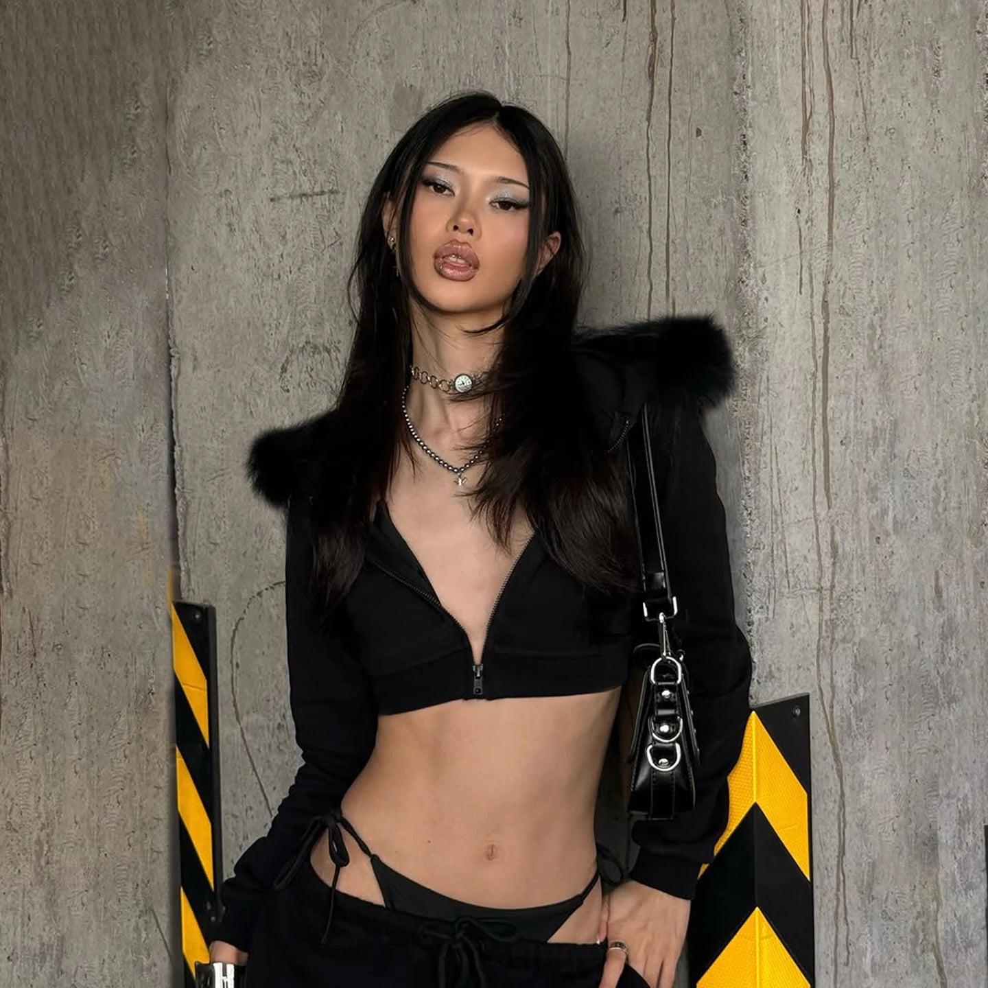 Gothic Winter Women's Short Cropped Black Faux Fur Trim Zip - Up Jacket Long Sleeve Pullover Outerwear - Zeprah