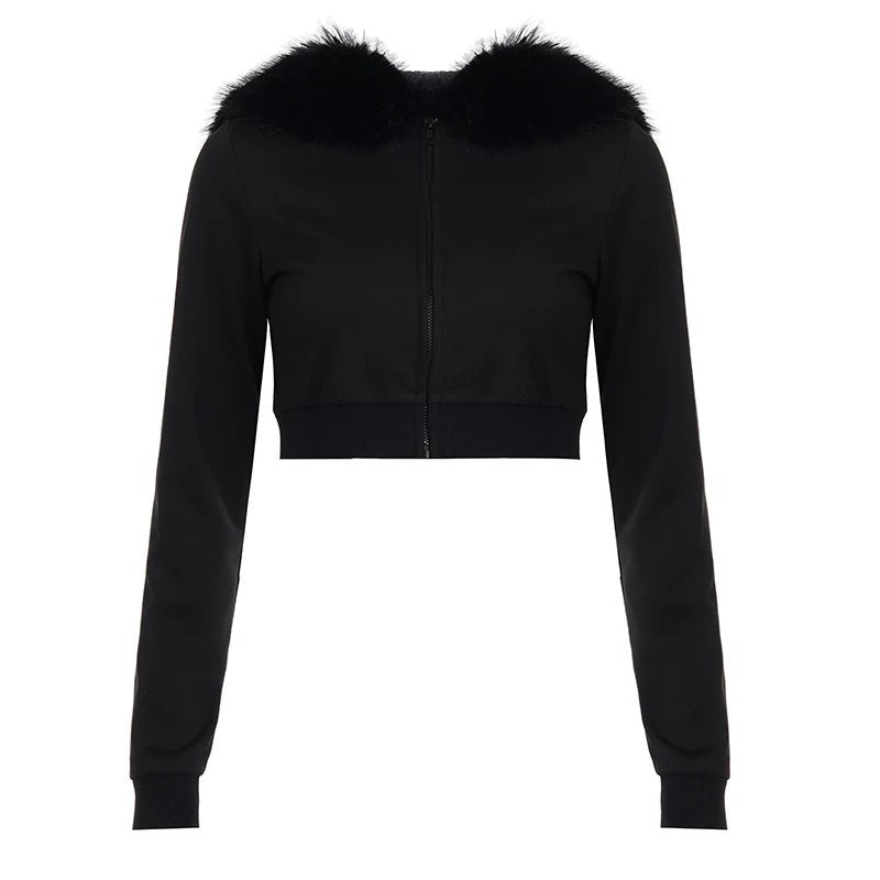 Gothic Winter Women's Short Cropped Black Faux Fur Trim Zip - Up Jacket Long Sleeve Pullover Outerwear - Zeprah