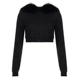 Gothic Winter Women's Short Cropped Black Faux Fur Trim Zip - Up Jacket Long Sleeve Pullover Outerwear - Zeprah