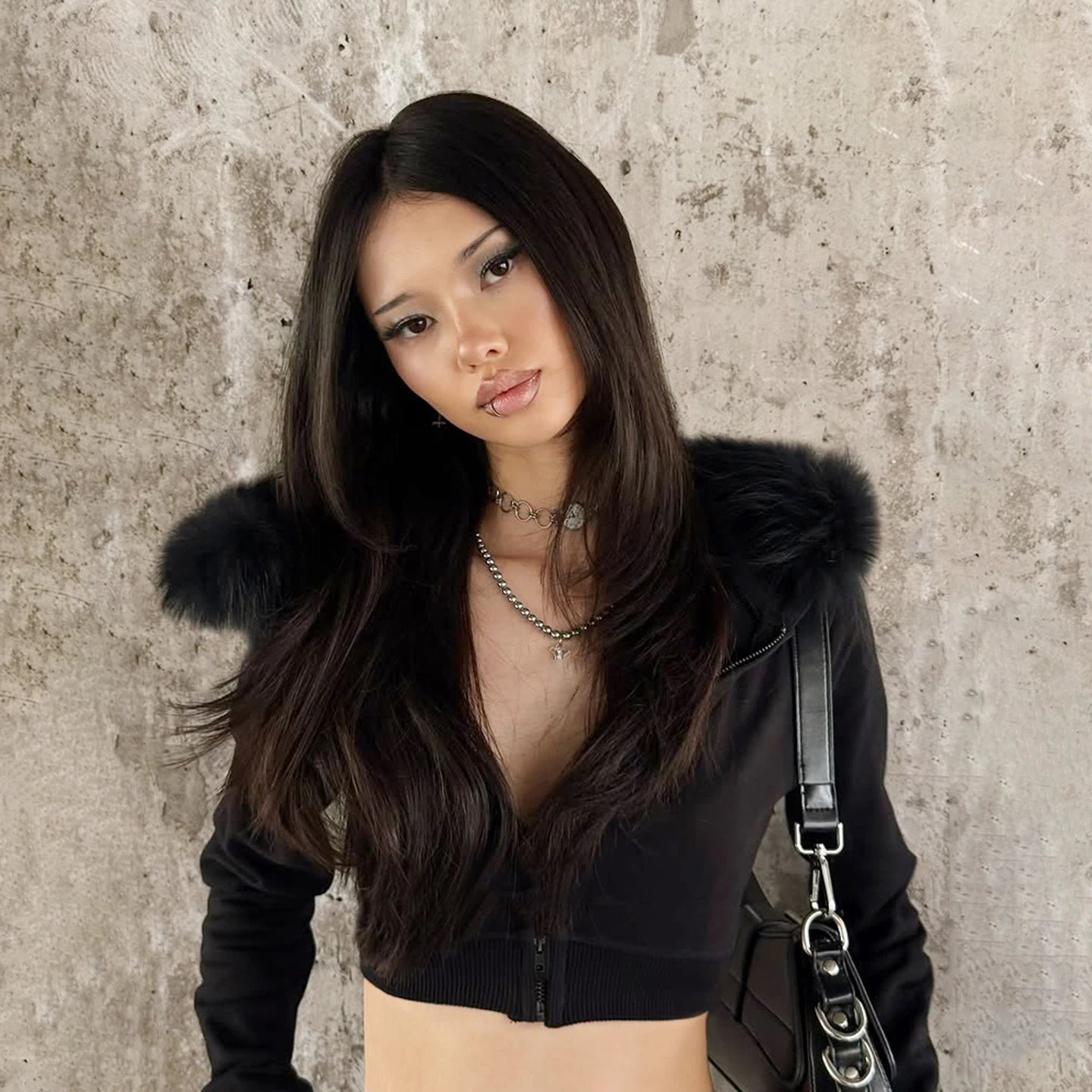 Gothic Winter Women's Short Cropped Black Faux Fur Trim Zip - Up Jacket Long Sleeve Pullover Outerwear - Zeprah