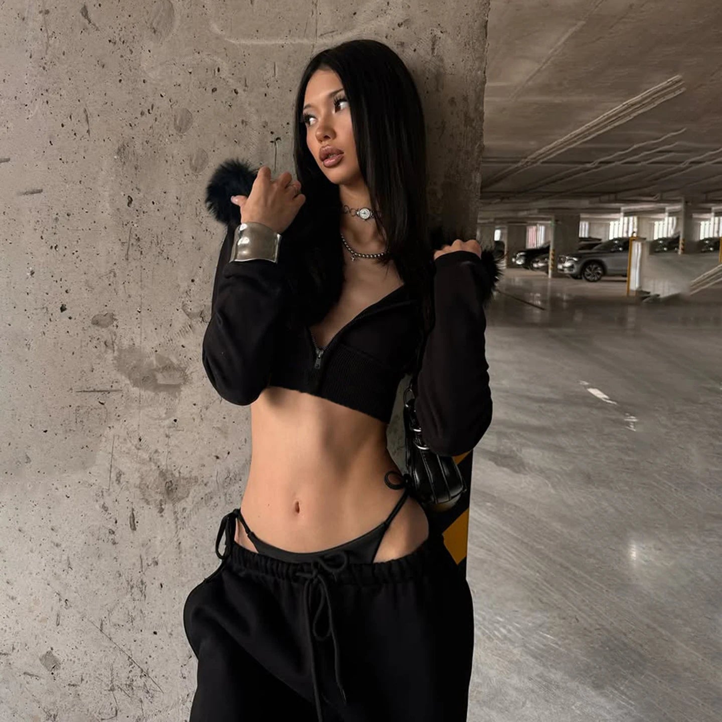 Gothic Winter Women's Short Cropped Black Faux Fur Trim Zip - Up Jacket Long Sleeve Pullover Outerwear - Zeprah