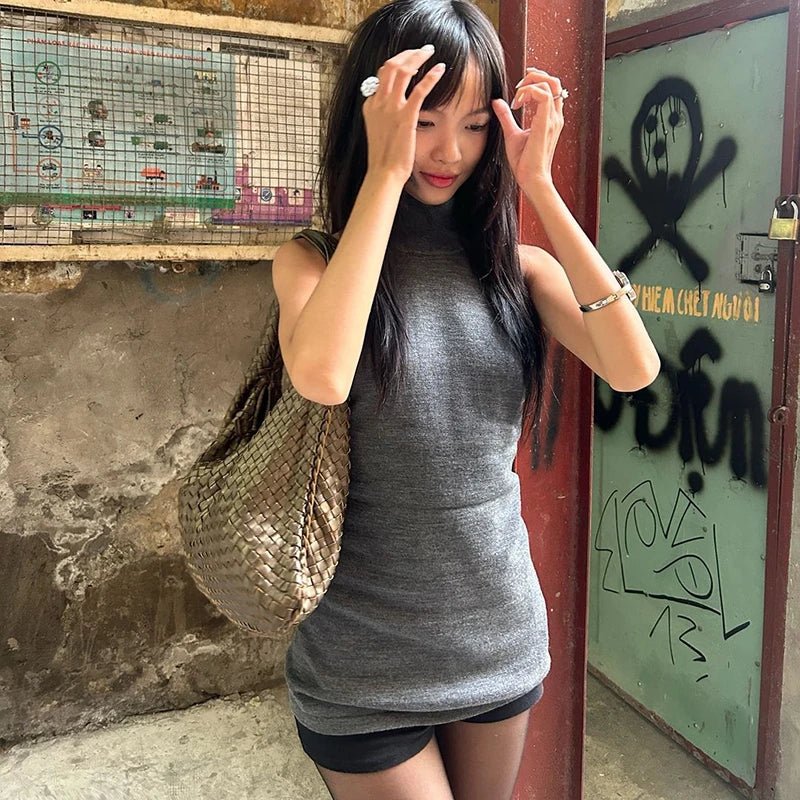 Grey Slim Fit O - Neck Long Women's Tank Tops Patchwork Crocheted Spandex/Polyester Woolen Casual Outdoor High Street Eco - Friendly - Zeprah