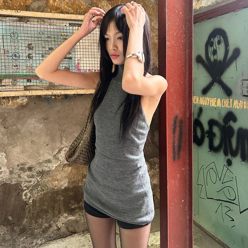 Grey Slim Fit O - Neck Long Women's Tank Tops Patchwork Crocheted Spandex/Polyester Woolen Casual Outdoor High Street Eco - Friendly - Zeprah