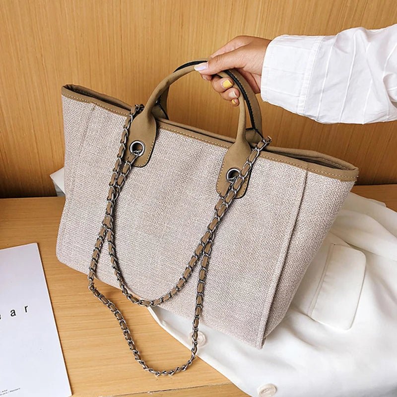 Handbags Shoulder Women Beach Bags Large Capacity Canvas Tote Bag With Chain - Zeprah