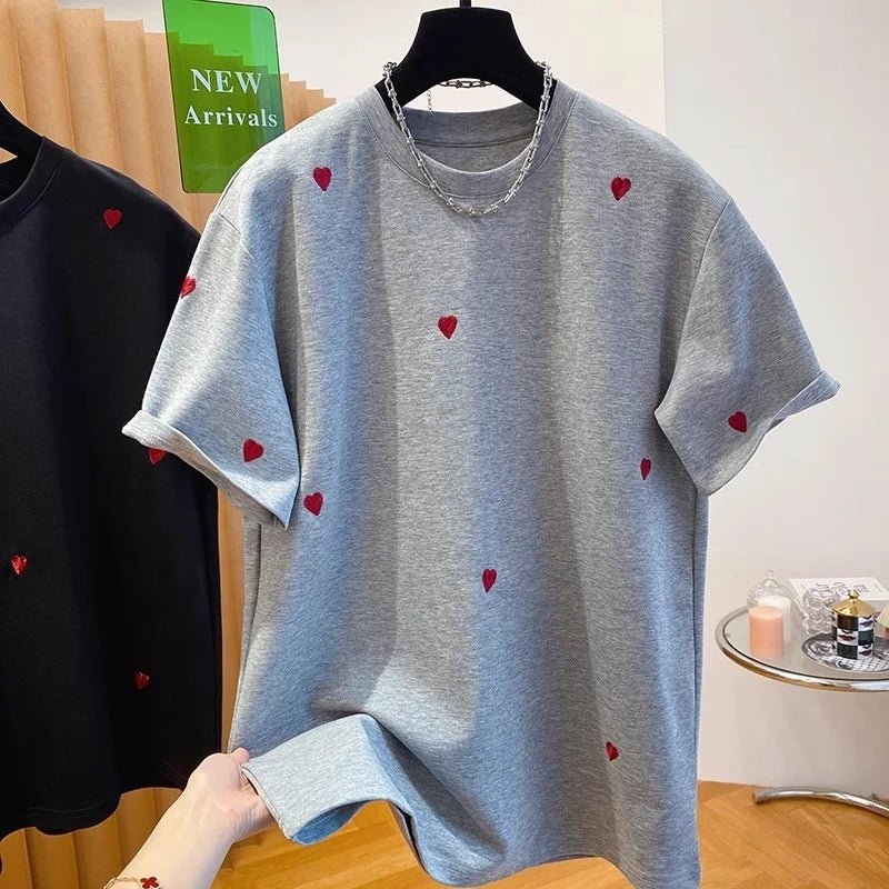 High - grade Love Embroidered T-shirt Women's Short - sleeved 2025 New Loose Tops for Women Cotton Trendy Short - Sleeved Tee - Zeprah