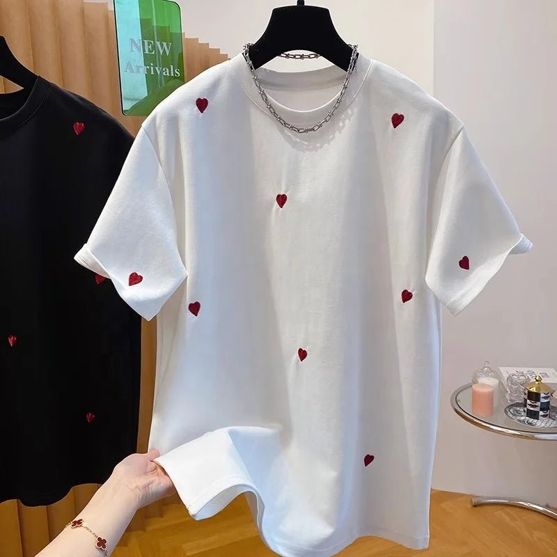 High - grade Love Embroidered T-shirt Women's Short - sleeved 2025 New Loose Tops for Women Cotton Trendy Short - Sleeved Tee - Zeprah