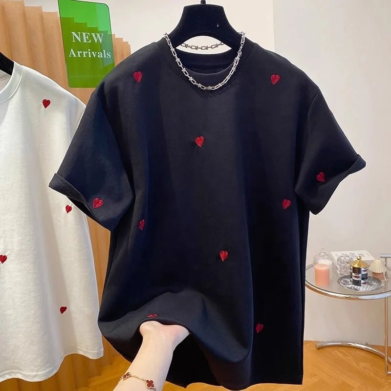 High - grade Love Embroidered T-shirt Women's Short - sleeved 2025 New Loose Tops for Women Cotton Trendy Short - Sleeved Tee - Zeprah
