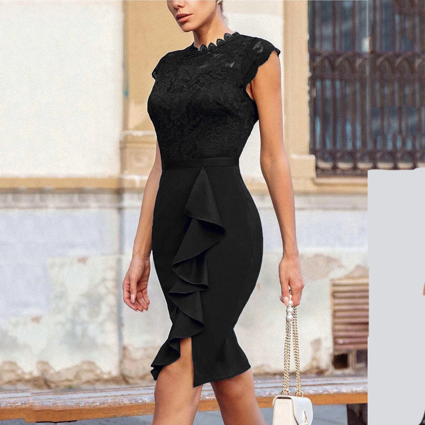 High - Neck Lace Knee - Length Dress - Zeprah