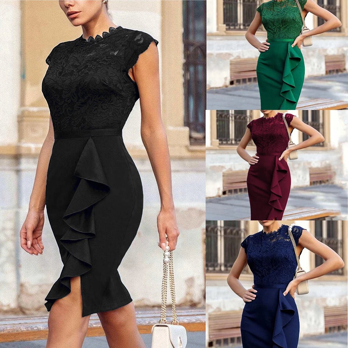 High - Neck Lace Knee - Length Dress - Zeprah