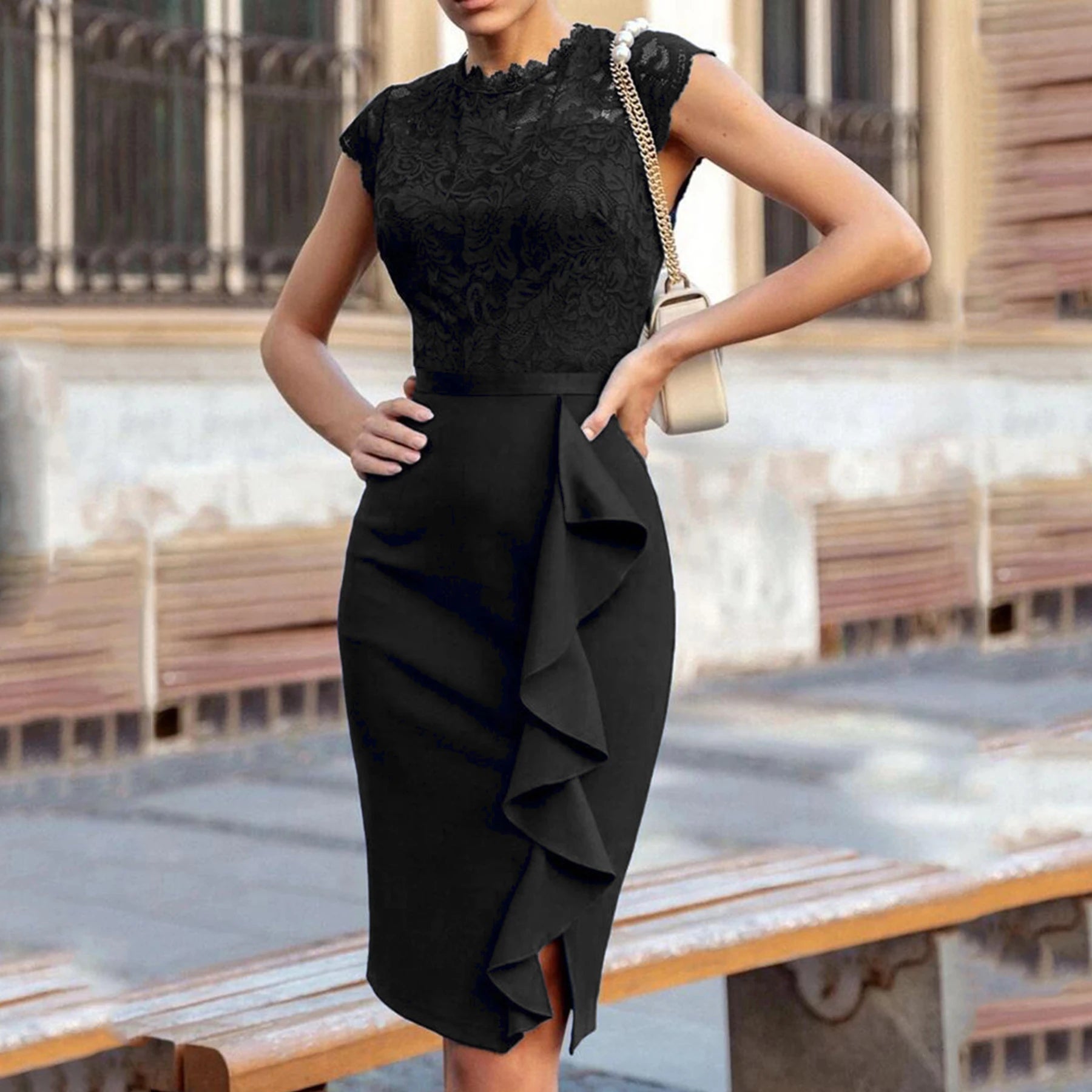 High - Neck Lace Knee - Length Dress - Zeprah