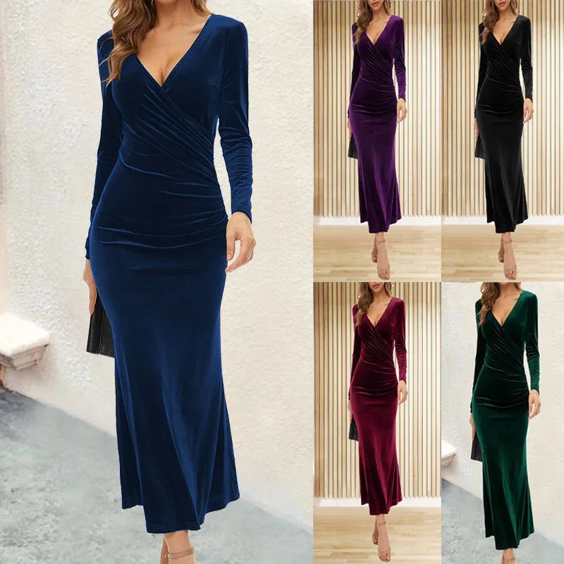 High Quality Women's Sexy V - neck Long Sleeve Solid Color Elegant Ladies Evening Dresses Slim Fit Long Party Dresses - Zeprah