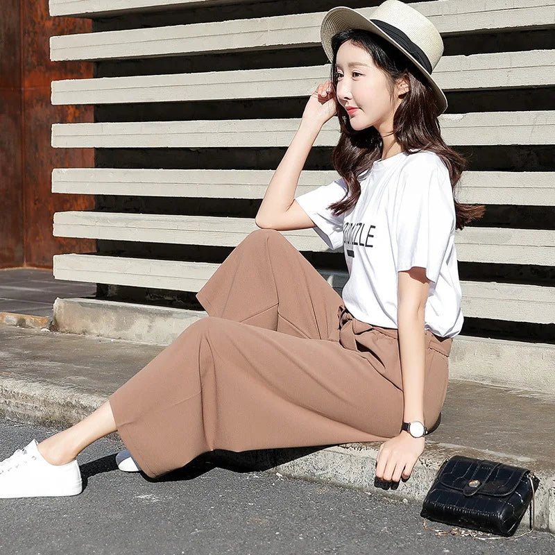 High - Rise Silk Women's Trousers Loose Fit Wide Leg Pants Elastic Waist Casual Patchwork Design Painting Decorations - Zeprah
