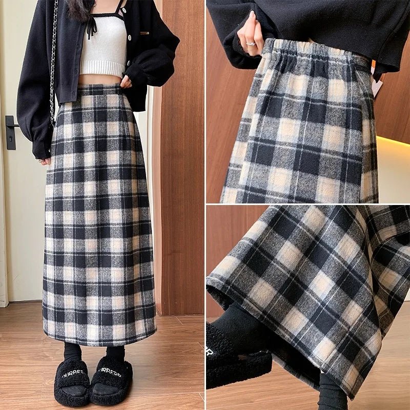 Hip Skirt Autumn and Winter Vintage New Mid - Length Skirt Women's All - Match High Waist Slim A - Line Plaid Skirt - Zeprah