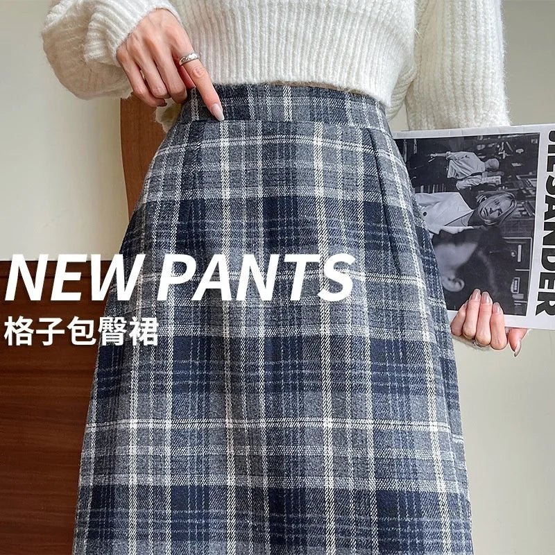 Hip Skirt Autumn and Winter Vintage New Mid - Length Skirt Women's All - Match High Waist Slim A - Line Plaid Skirt - Zeprah