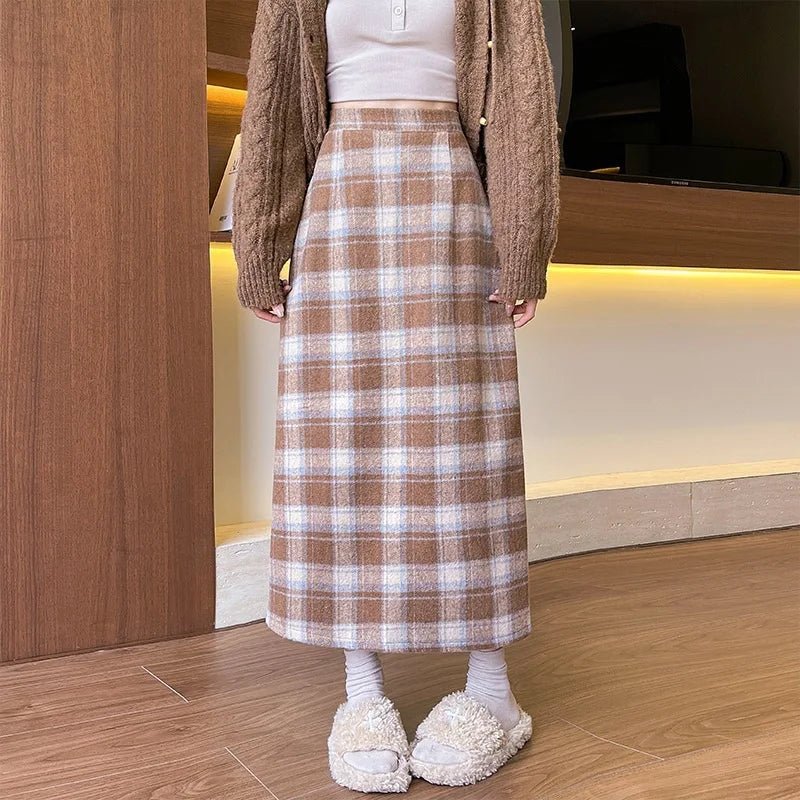 Hip Skirt Autumn and Winter Vintage New Mid - Length Skirt Women's All - Match High Waist Slim A - Line Plaid Skirt - Zeprah