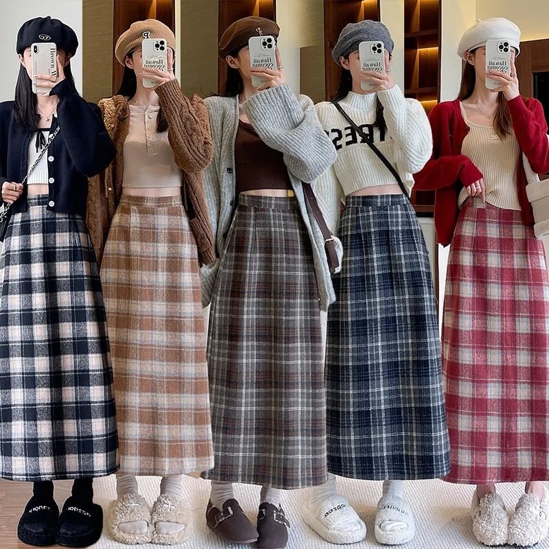 Hip Skirt Autumn and Winter Vintage New Mid - Length Skirt Women's All - Match High Waist Slim A - Line Plaid Skirt - Zeprah