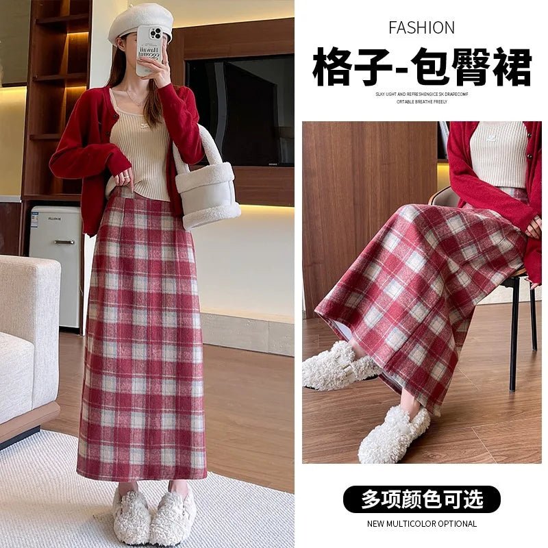 Hip Skirt Autumn and Winter Vintage New Mid - Length Skirt Women's All - Match High Waist Slim A - Line Plaid Skirt - Zeprah