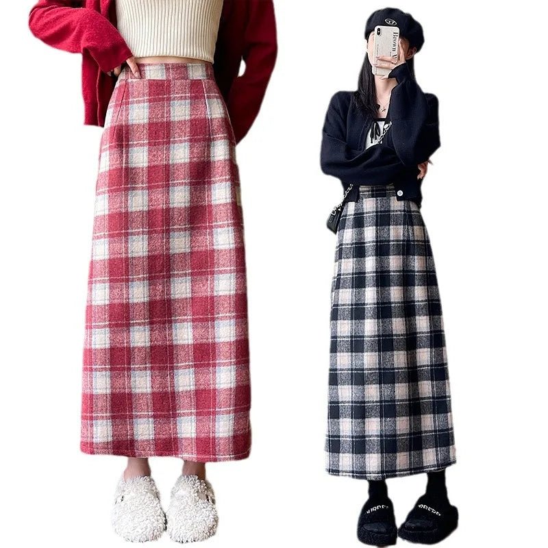 Hip Skirt Autumn and Winter Vintage New Mid - Length Skirt Women's All - Match High Waist Slim A - Line Plaid Skirt - Zeprah