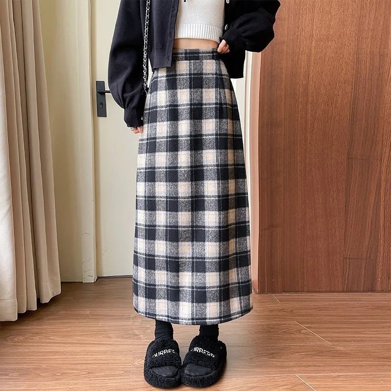 Hip Skirt Autumn and Winter Vintage New Mid - Length Skirt Women's All - Match High Waist Slim A - Line Plaid Skirt - Zeprah