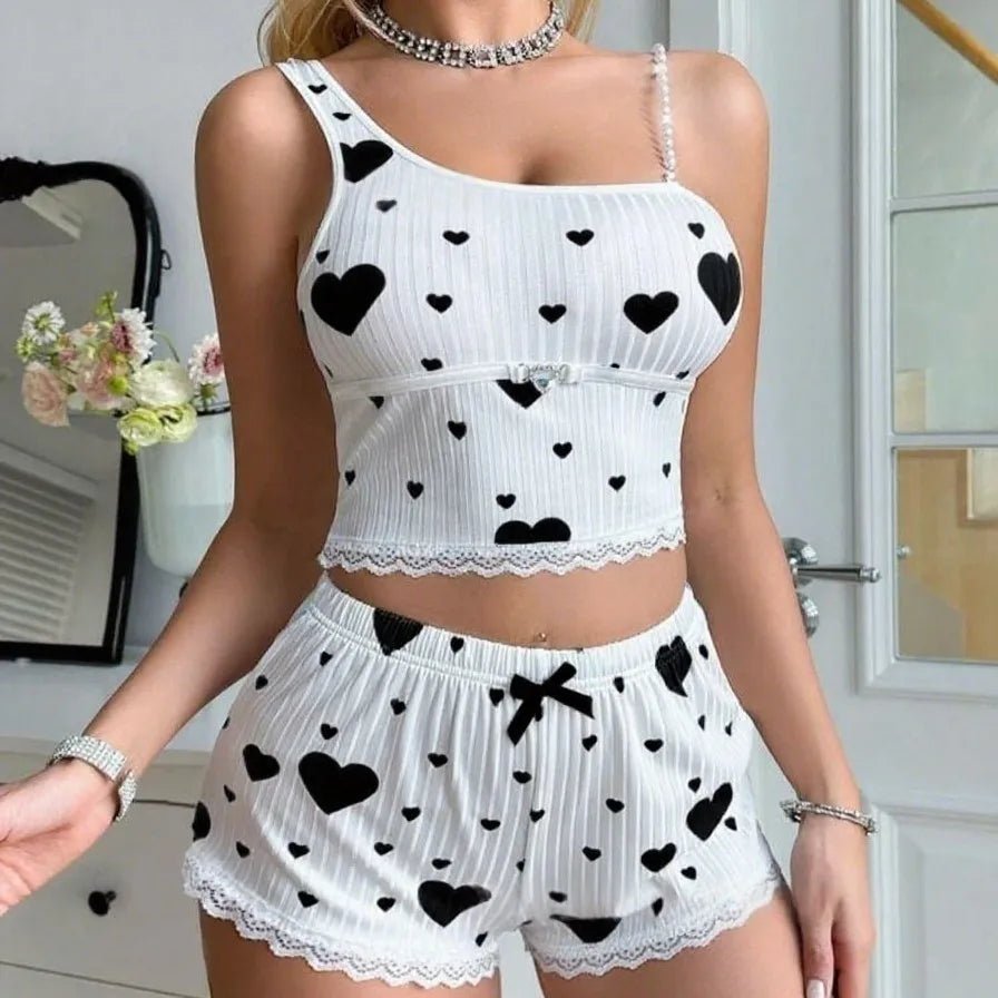 Home Women's Two - Piece Set Elastic Waist Spandex Heart Print Camisole Shorts Casual Ribbed Autumn Pajamas - Zeprah