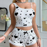 Home Women's Two - Piece Set Elastic Waist Spandex Heart Print Camisole Shorts Casual Ribbed Autumn Pajamas - Zeprah