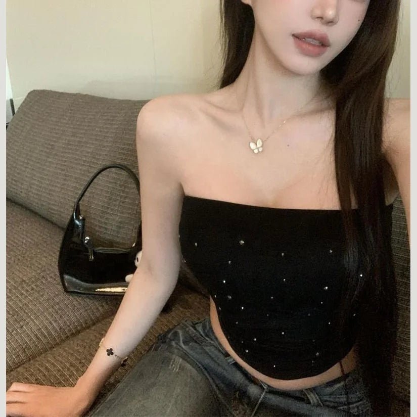 Hot Drilling Spicy Sexy Strapless Vest Off - Shoulder Single Shoulder Navel High Waist Slim - fit Slimming Single - wear Top Women - Zeprah