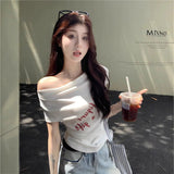 Hot Girl Style Women's T-shirts Versatile Printed T-shirt Shoulder Baring Women's Clothing - Zeprah