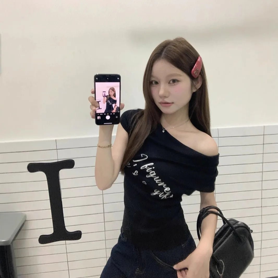 Hot Girl Style Women's T-shirts Versatile Printed T-shirt Shoulder Baring Women's Clothing - Zeprah