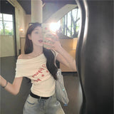 Hot Girl Style Women's T-shirts Versatile Printed T-shirt Shoulder Baring Women's Clothing - Zeprah