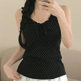 Hot Sale Women's Polka Dot Tank Top Solid Color Lace Trim Cami Ruffle Tie Detail Knitted Breathable Front Sexy Club - Zeprah